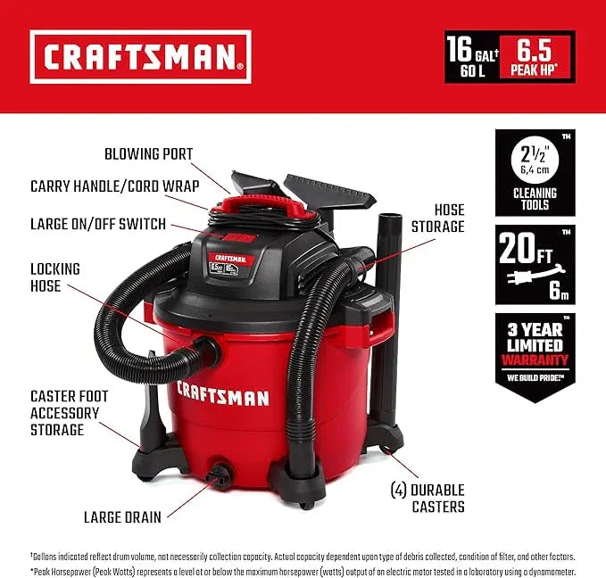 CRAFTSMAN CMXEVBE18595 16 Gallon 6.5 Peak HP Wet Dry Vac, Heavy-Duty Shop Vacuum Wet and Dry with Filter, 4 Dust Bags, Hose and Attachments for Home Projects & Renovations - NeatNest