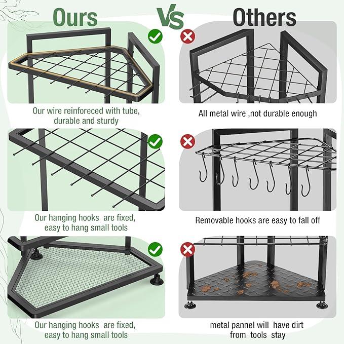Garden Tool Organizer for Corner,Metal Yard Tool Organizer for Long-Handled Tools/Rakes/Brooms,Side Garden Pocket,Heavy Duty Steel Yard Tool Storage Rack for Garage,Shed, Outdoor - NeatNest