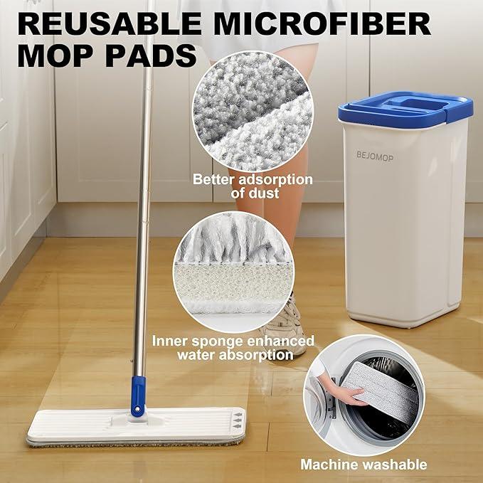 Mop and Bucket Set with Wringer, Squeeze Wall Mop Cleaner with Long Handle, Flat Mop and Bucket System, Dry & Wet Dust Mops for Household Floor Cleaning with 3 Microfiber Mops, Slate Blue - NeatNest