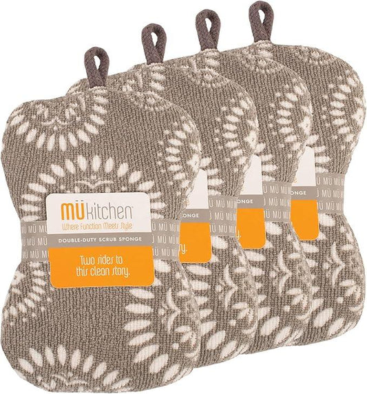 MÜkitchen Premuim Sponge for Dishes and Household Cleaning | Microfiber Print and Non-Scratch Scrub Pad | Set of 4 | (Medallion) - NeatNest