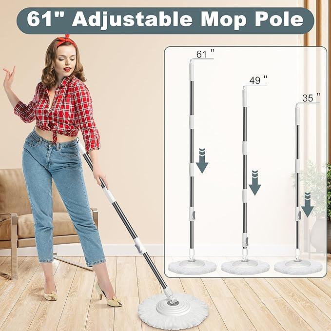 Mop and Bucket with Wringer Set,Spin Mop and Bucket System, Mops for Floor Cleaning,Household Supplies Tools with 6 Replacement Refills,61" Extended Handle for Household Hardwood Floor - White - NeatNest