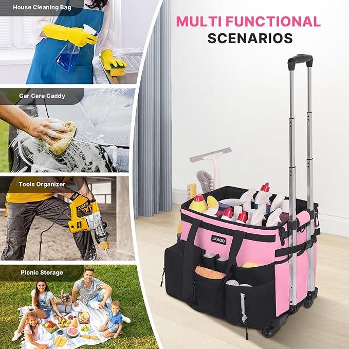 Large Rolling Cleaning Caddy Bag with Detachable Trolley, Waterproof Cleaning Caddy on Wheels for Housekeepers, Cleaning Cart Supplies Organizer for Home,Car,Office,Picnic (Pink) (in Patent) - NeatNest