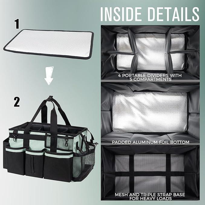 Wearable Cleaning Caddy, Cleaning Caddy Supplies Organizer with Handle & Shoulder Straps for Housekeepers, Under Sink & Car Cleaning Tool Organizers Bag with 4 Foldable Divider (Celadon) - NeatNest