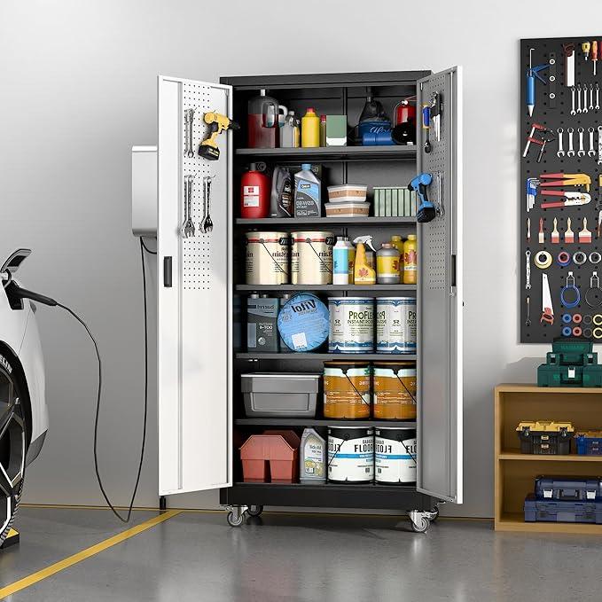 SUXXAN Garage Storage Cabinet with Pegboard and 5 Adjustable Shelves, 71'' x 34'' x 18''Metal Lockable Cabinet with Magnetic Doors,Tool Storage,Home Office Garage,Gym,School (Black-Silver) - NeatNest