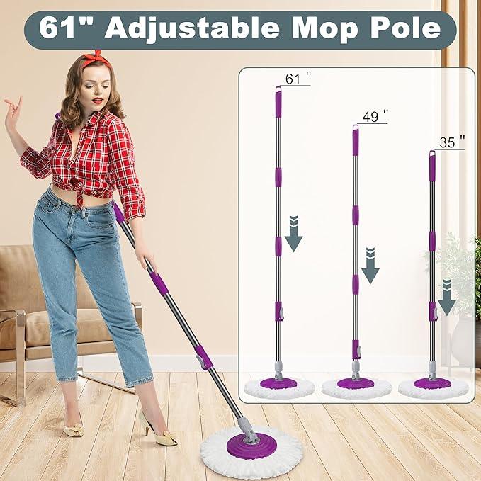 Dual Compartment Spin Mop and Bucket, Mop and Bucket with Wringer Set,360°Rotating Spinning Mopping for Floor Cleaning with 6 Microfiber Replacement Heads, 61" Extended Handle, 2X Wheel - NeatNest