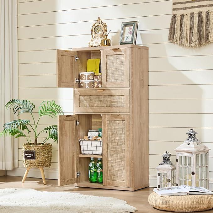 LEYAOYAO 48" Tall Storage Cabinet,Rattan Bathroom Floor Cabinets with 4 Doors & 1Drawer,Boho Kitchen Pantry with Adjustable Shelves,Wooden Cupboard for Living Room,Home Office,Dining,Natural Wood - NeatNest