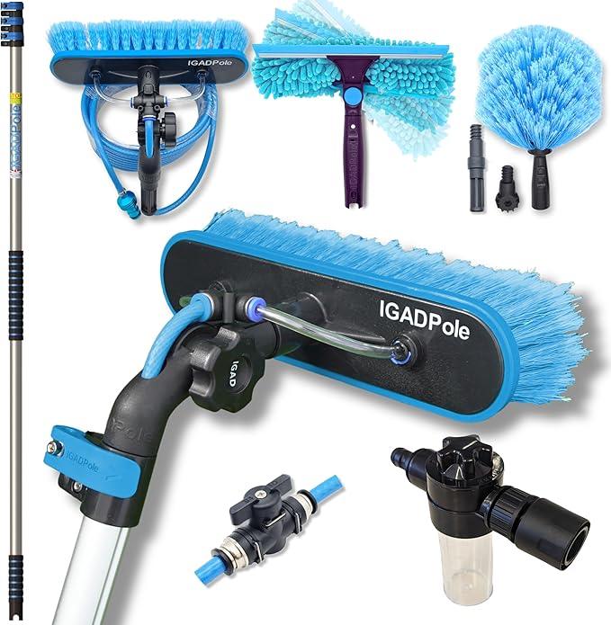 IGADPole 12 FT Water-Fed Washing Kit with Soap-Dispenser, Brush, 10″ Squeegee & Cobweb Duster for Windows, Gutters, Solar Panels & Exterior Walls - NeatNest