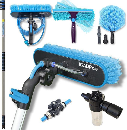IGADPole 12 FT Water-Fed Washing Kit with Soap-Dispenser, Brush, 10″ Squeegee & Cobweb Duster for Windows, Gutters, Solar Panels & Exterior Walls - NeatNest