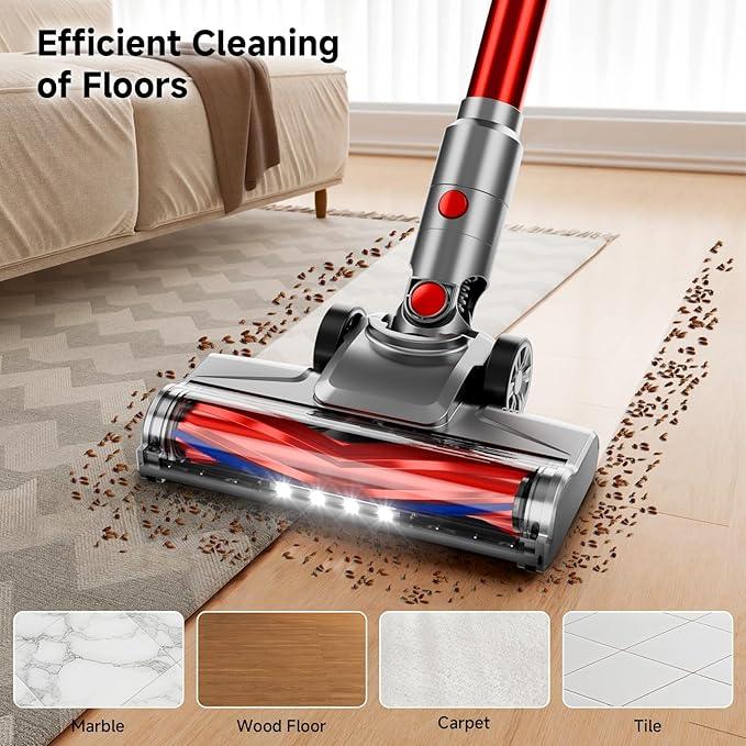 Cordless Vacuum Cleaner, 35Kpa Vacuum Cleaner for Home, 45Mins Stick Vacuum with LED Display, Anti-Tangle & Wall Mount Charging, 6 in 1 Lightweight Vacuum for Hard Floors, Carpet, Pet Hair (red) - NeatNest
