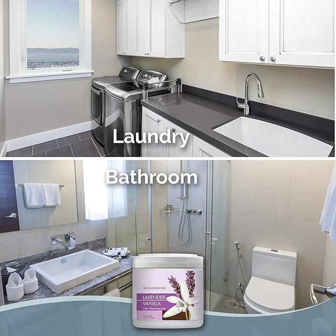 SMELLS BEGONE 15oz Gel Odor Eliminator - Absorb & Remove Tough Odors in Pet Areas, Bathrooms, Basements, Garage, Cars, RVs & Boats - Eliminate Odors with Essential Oils (Lavender Vanilla) - NeatNest