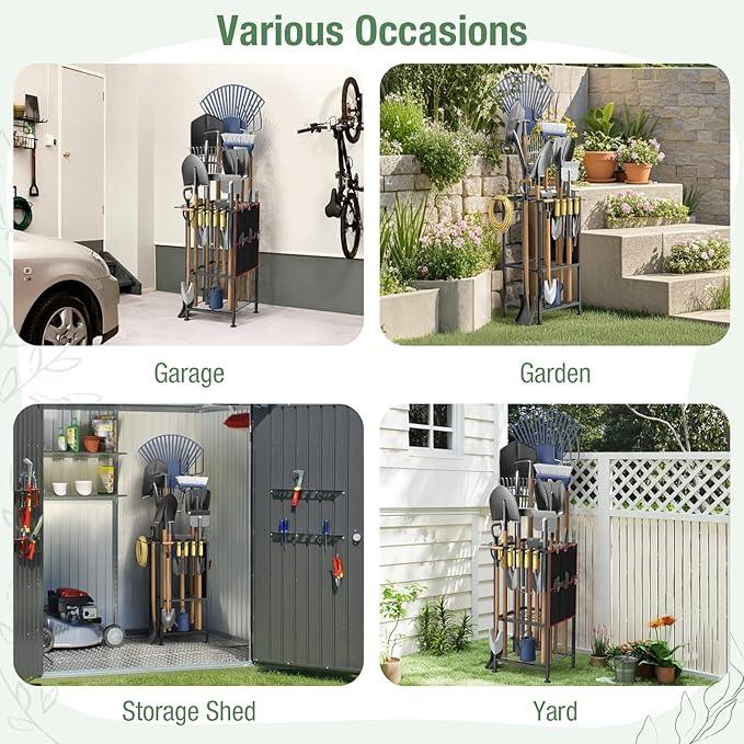 Garden Tool Organizer,Metal Yard Tool Organizer,Holds 50 Long-Handled Tools/Rakes/Brooms,Side Garden Pocket,Heavy Duty Steel Yard Tool Storage Rack for Garage,Shed, Outdoor - NeatNest