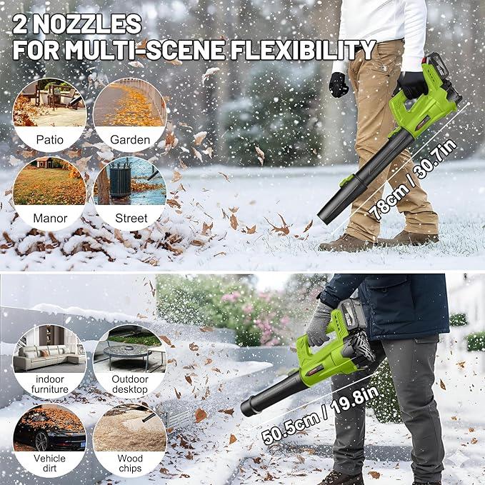 Leaf Blower Cordless with 2 x 4.0 Ah Battery and Charger, 160MPH/580CFM High Power Lightweight Handheld Electric Snow Blower with 2 Extended Tubes for Lawn, Yard, Leaves, Dust, Snow Care (Green) - NeatNest