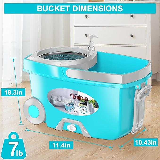 FunClean Spin Mop and Bucket,Mop and Bucket with Wringer Set for Home,360 Spinning Mopping Floor Cleaning Tool with 4 Microfiber Replacement Head Refills,61" Extended Handle, 2X Wheel - Blue - NeatNest