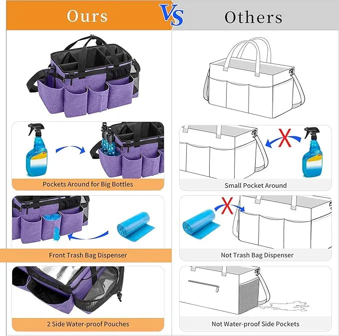 LoDrid Wearable Cleaning Caddy Bag with 4 Foldable Dividers, Cleaning Supply Tote for Cleaning Supplies, Cleaning Organizer with Shoulder Strap and Side Handles for Cleaners & Housekeepers, Purple - NeatNest