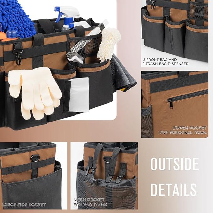 Wearable Cleaning Caddy, Cleaning Caddy Supplies Organizer with Handle & Shoulder Straps for Housekeepers, Under Sink & Car Cleaning Tool Organizers Bag with 4 Foldable Divider (Brown) - NeatNest