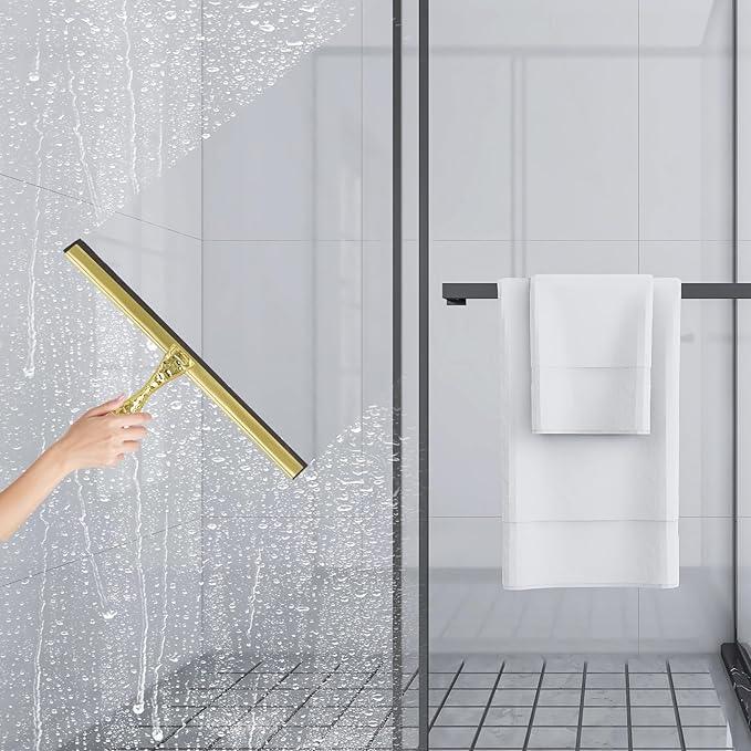 2-Pack Shower Squeegee for Glass Doors, 12 inch Gold Stainless Steel & 5 inch Pink Mini with 2 Gold Hooks, Non-Slip Hammered Handle, Silicone Wiper for Shower, Bathroom, Tile and Mirror - NeatNest