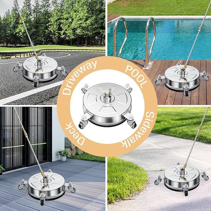 14" Pressure Washer Surface Cleaner with 4 Wheels, Stainless Steel Housing, 4000 PSI Max, 3 Connect Nozzles & 2 Extension Wands, Pressure Washer Surface Cleaner for Concrete, Patios, Sidewalks - NeatNest