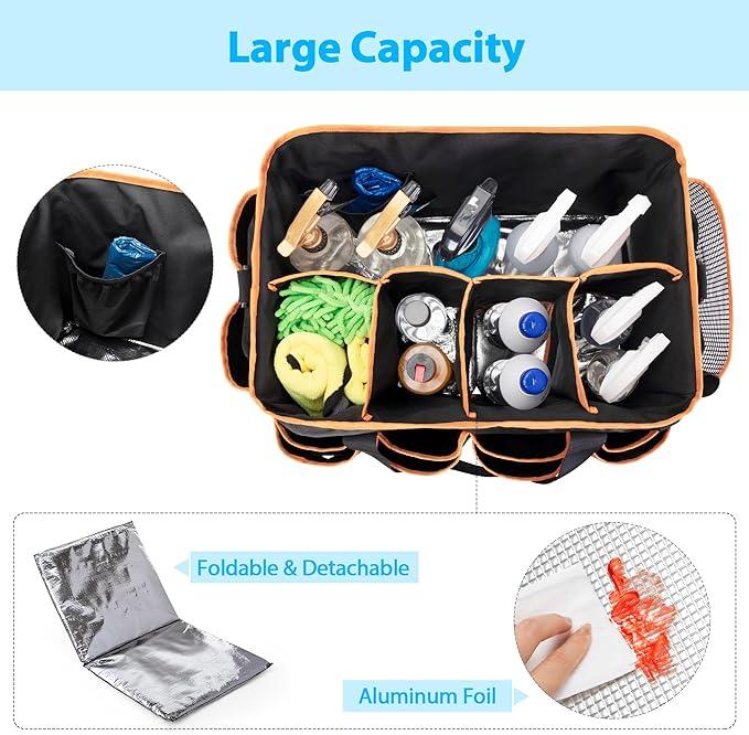 Extra-large Wearable Cleaning Caddy, Organizer Bag for Housekeeper with Pad, Handle & Divider, Car Wash Tools Bag for Detailing Supplies, Orange Edge - NeatNest