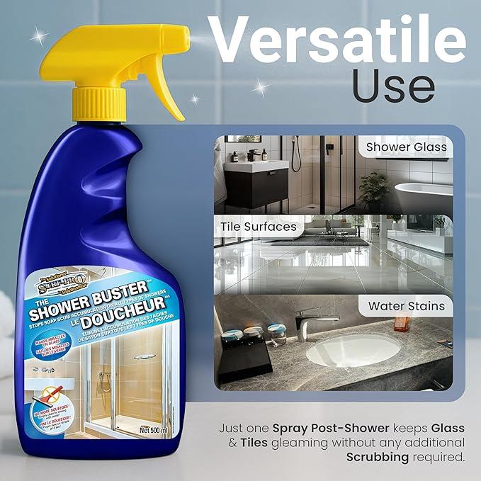 Shower Glass Door Cleaner – Shower Buster Spray for Soap Scum & Hard Water Stains – No Scrub Bathroom Cleaner for Glass, Tile, Chrome, Ceramic, RV and Septic Safe (500ml / 16.9oz) - NeatNest