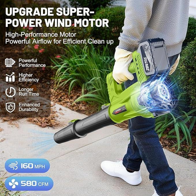Leaf Blower Cordless with 2 x 4.0 Ah Battery and Charger, 160MPH/580CFM High Power Lightweight Handheld Electric Snow Blower with 2 Extended Tubes for Lawn, Yard, Leaves, Dust, Snow Care (Green) - NeatNest