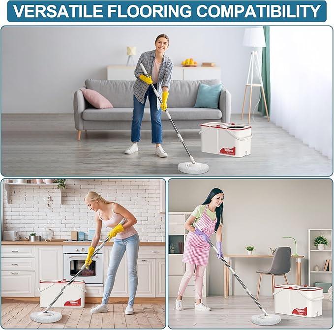 Gen 1 Large-Capacity Spin Mop and Bucket – for Big Homes & Deep Cleaning Days,4-Chamber System Separates Dirty & Clean Water, 2-GAL Heavy-Duty Design with Wheels & 6 Refill Mop Heads - White/Red - NeatNest