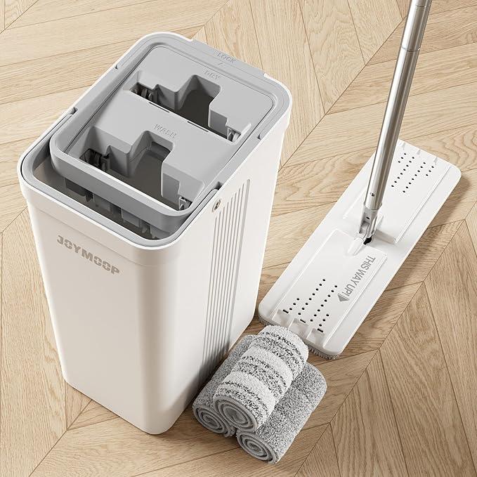 JOYMOOP Mop and Bucket with Wringer Set for Home, Flat Mop and Bucket System, Mops for Floor Cleaning and Wall Cleaner, with 3 Reusable Microfiber Mop Pads - NeatNest