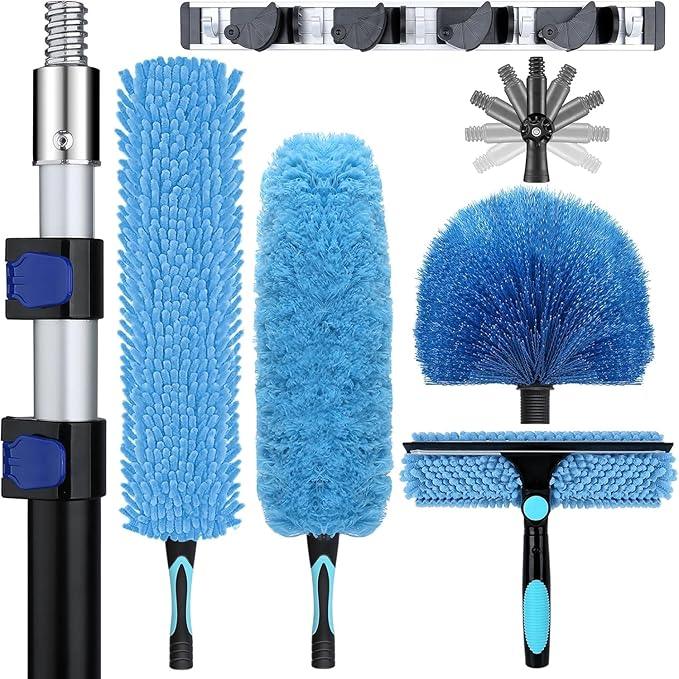 20ft High Ceiling Duster Kits with 5-12ft Heavy Duty Extension Pole - Fan Blade Cleaner, Cobweb Remover & Blue Window Squeegee Kit, Washable Dust Brush for High Roof and Glass Surfaces - NeatNest
