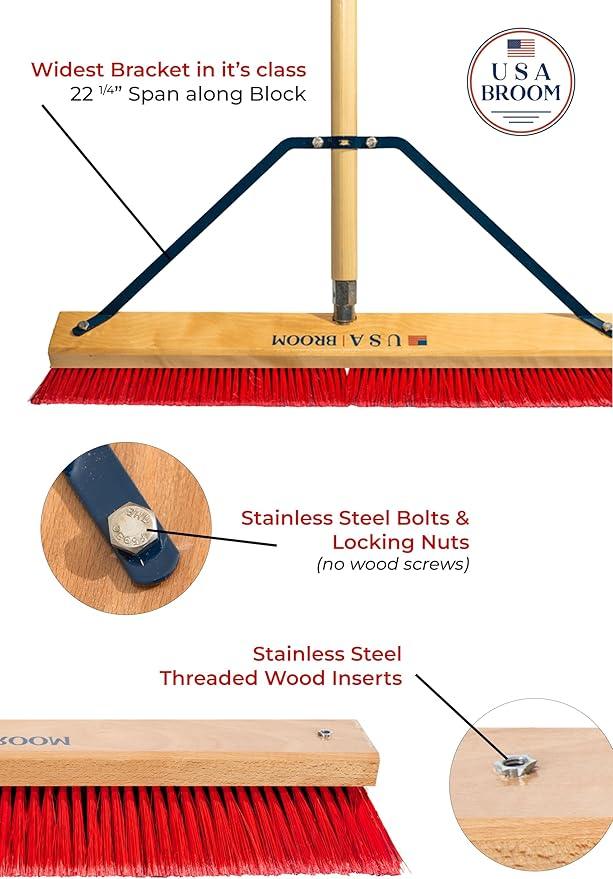 24" Everyday Sweep Indoor/Outdoor Push Broom with 60" Handle. Ideal for Garages & Shops. Durable American Made Steel Brackets-All Stainless Steel Hardware. No Plastic. 100% Made in The USA. - NeatNest