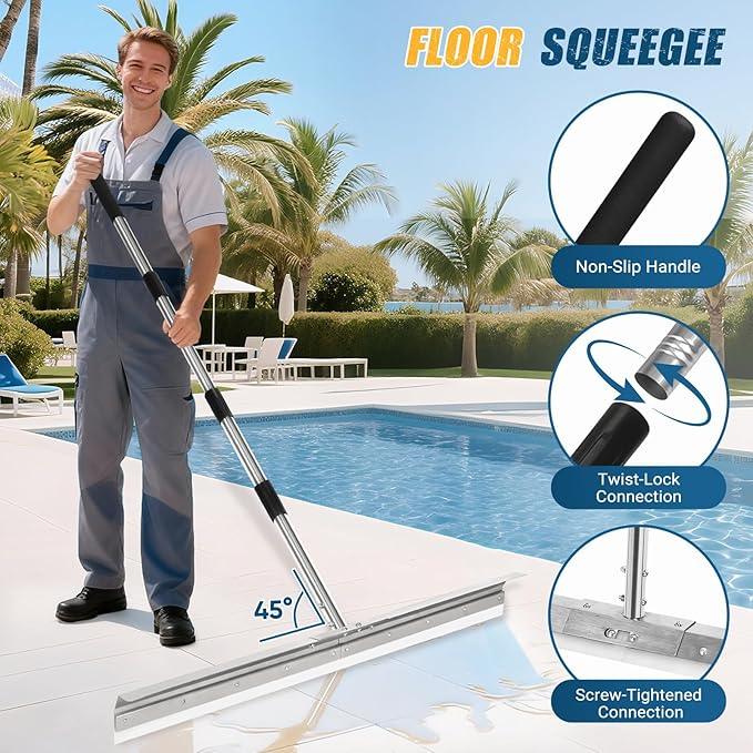 CAROD 33.4" Heavy Duty Floor Squeegee for Concrete, Industrial Silicone Blade Squeegee for Floor with 63" Stainless Handle, Anti-Splash Curved Baffle Design for Warehouse, Factory, Outdoor Use - NeatNest