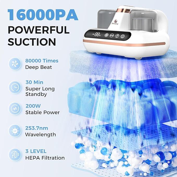 Mattress Vacuum Cleaner - 5-in-1 Cordless Bed Vacuum Cleaner, Powered by UV-C Light & Ultrasonic Technology, 16Kpa Strong Suction,Low Noise,Suitable for Dust, Pet Hair, Etc. - NeatNest