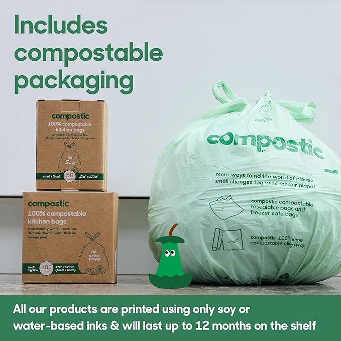Compostic Home Compostable Trash Bags, 3 Gallon Small Kitchen Rubbish Bags (17” x 17.7”), Extra Strong & Quickly Breaks Down, 100 Count - NeatNest