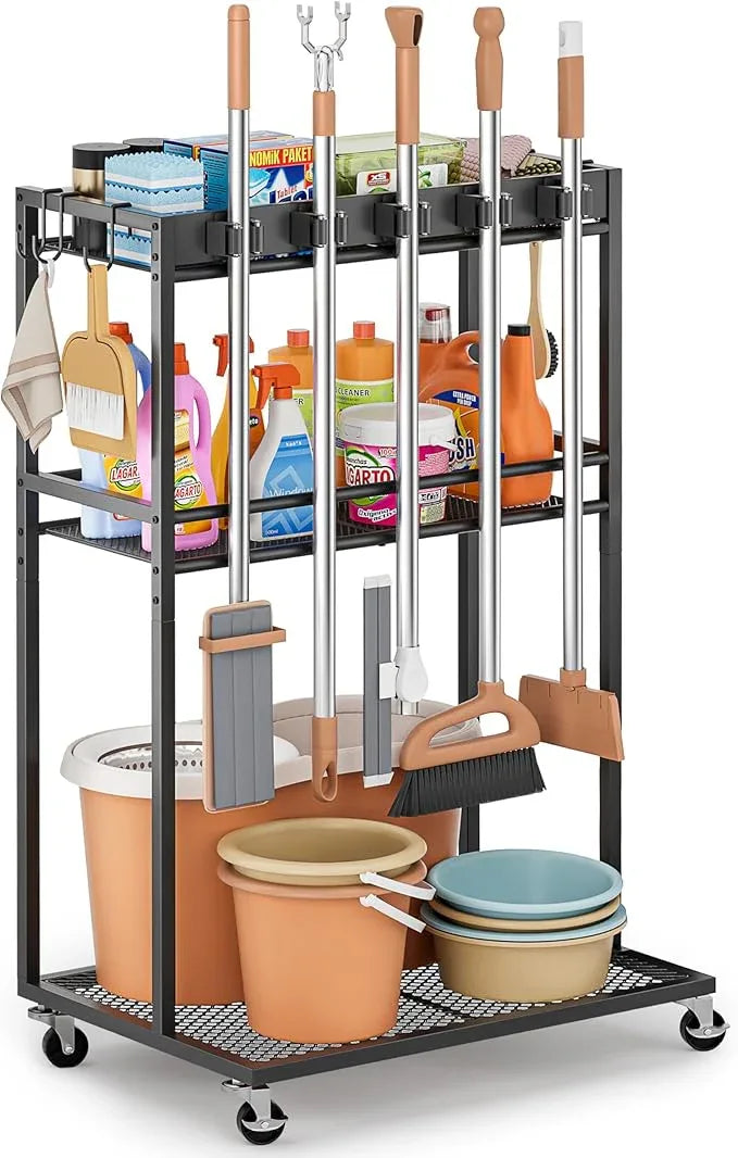 Broom Holder with Cleaning Supplies Organizer, Broom Closet Storage Cabinet with Mop Hanger Gripper Rack Hooks, Cleaning Housekeeping Janitorial Cart with Cleaning Caddy, Laundry Room Organization - NeatNest