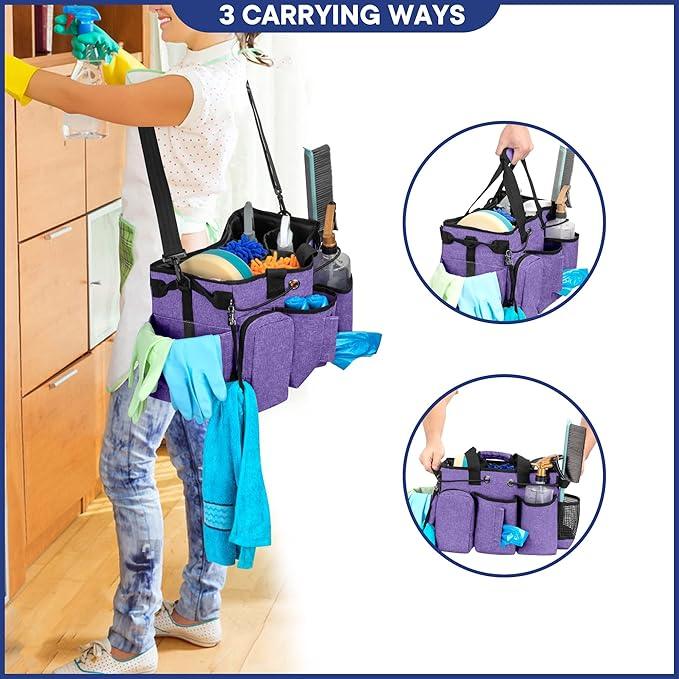 LoDrid Large Professional Cleaning Caddy with Detachable Divider, Supply Organizer with Handle and Shoulder Strap, Cleaning Bags for Housekeepers & Cleaners, Purple - NeatNest