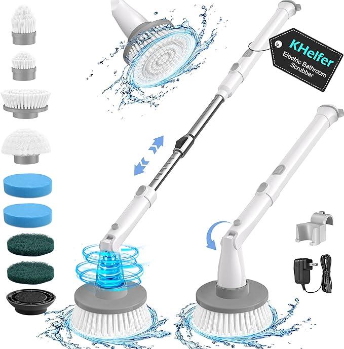 kHelfer Electric Spin Scrubber Kh8, Upgrade Cordless Shower Scrubber 8 Replacement Head, 1.5H Bathroom Scrubber Dual Speed, Shower Cleaning Brush with Extension Arm for Bathtub Tile Floor - NeatNest