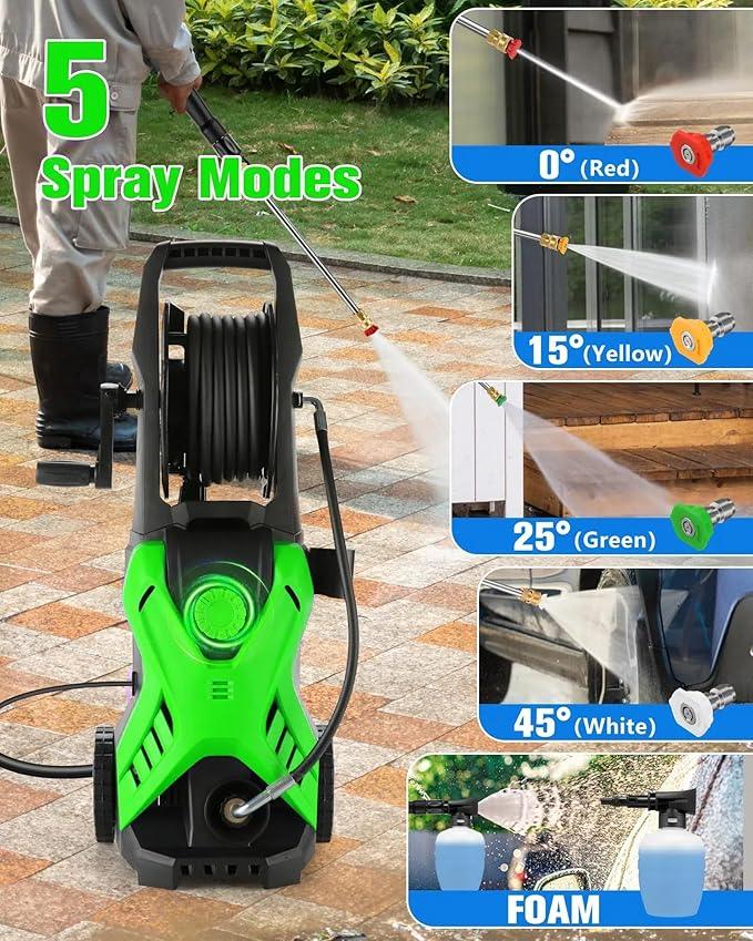 Electric Pressure Washer, 2.8 GPM High Power Washer Adjustable Pressure 2500PSI-5000PSI with 33FT Extension Hose Reel, 4 Nozzles and Soap Bottle for Cars/Fences/Driveways - NeatNest