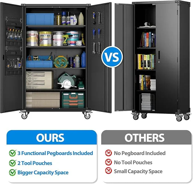 2025 Upgraded Wide & Deep Garage Storage Cabinet with Wheels, Lockable Metal Storage Cabinet with Pegboards and 9 Hooks, 2 Tool Pouches for Garage,4 Adjustable Shelves (Black,43''W x 22''D x 72''H) - NeatNest