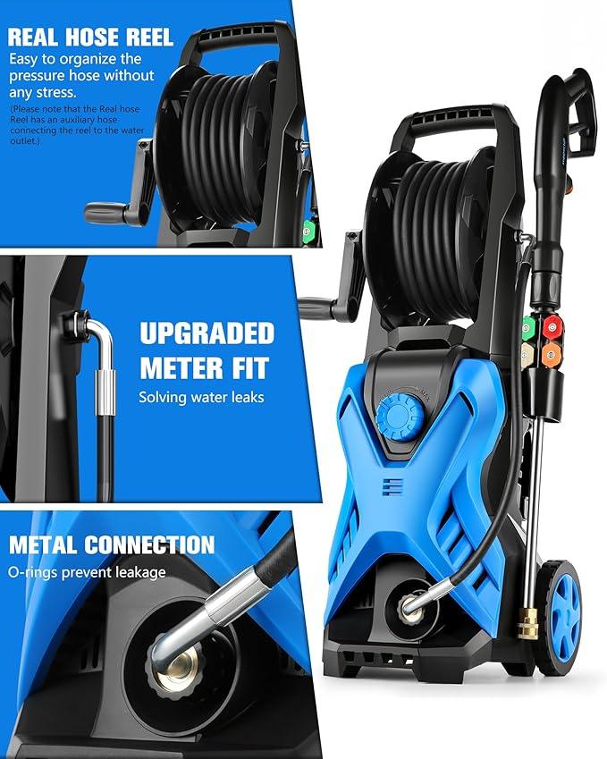 Electric Pressure Washer, 2.8 GPM High Power Washer Adjustable Pressure 2500PSI-5000PSI with 33FT Extension Hose Reel, 4 Nozzles and Soap Bottle for Cars/Fences/Driveways - NeatNest