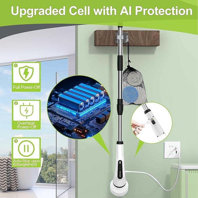 WKY-Electric Spin Scrubber - Upgraded 10-in-1 IPX7 Waterproof Shower Scrubber, Retractable Handle & 2-Speed for Toilet, Bathroom, Bathtub, Tile Floors - NeatNest