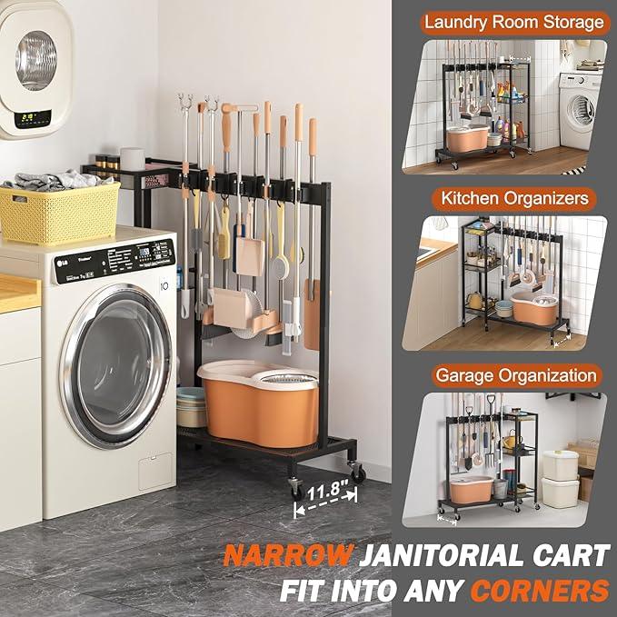 Broom Holder with Cleaning Supplies Organizer, Broom Closet Storage Cabinet with Cleaning Caddy, Cleaning Cart with Mop Hanger Gripper Rack Hooks,Janitorial Housekeeping cart,Laundry Room Organization - NeatNest