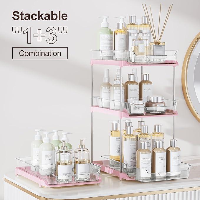 Delamu 2-Tier Multi-Purpose Bathroom Under Sink Organizers and Storage, Stackable Kitchen Pantry Organization, Pull Out Medicine Cabinet Organizer with Movable Dividers, Pink, 2 Pack - NeatNest