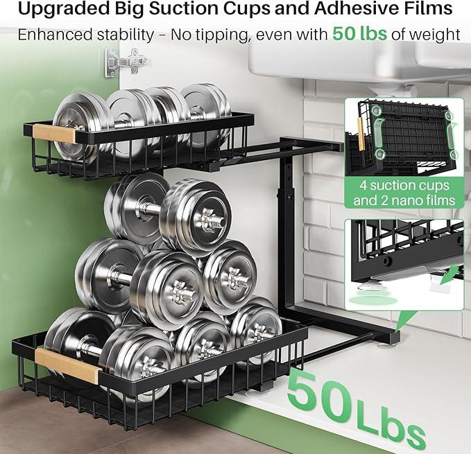 Under Sink Organizer, 2 Packs 2 Tier Under Sink Organizers and Storage, Slide out Pull out Cabinet Organizer Shelf, Metal Sliding Drawer for Kitchen Bathroom Pantry Cabinet Closet Organization Rack - NeatNest