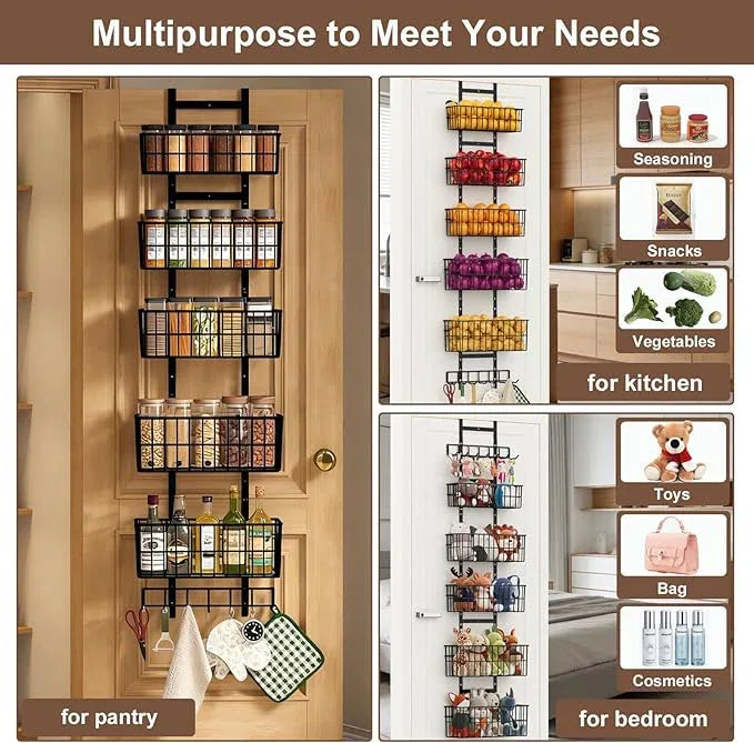 Adjustable Over The Door Organizer, Metal Hanging Door Organizer with 5 Wire Basket 7 Hooks, Wall Mounted Shelf for Pantry Laundry Organization and Storage, Black - NeatNest