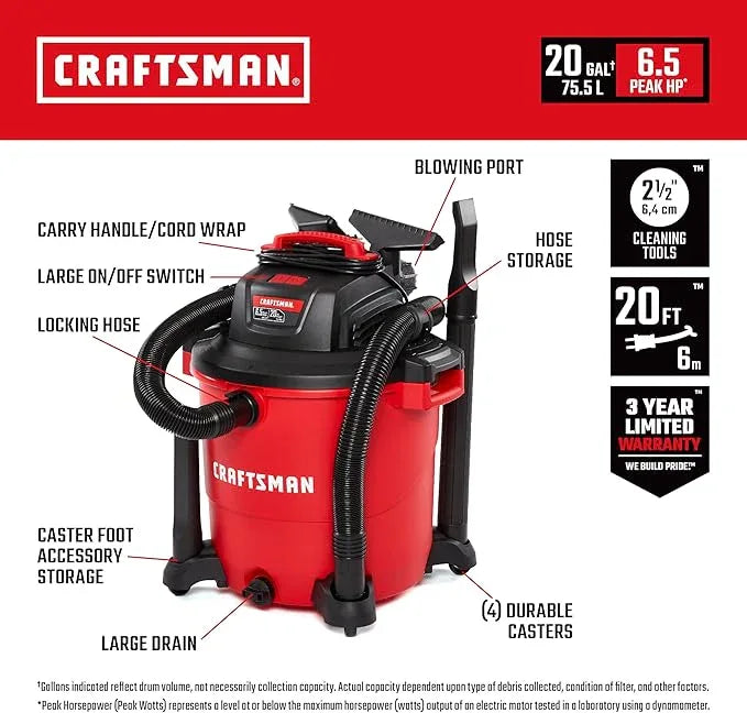 CRAFTSMAN CMXEVBE17596 20 Gallon 6.5 Peak HP Wet/Dry Vac, Heavy-Duty Shop Vacuum with Attachments and Additional General Purpose Filter - NeatNest
