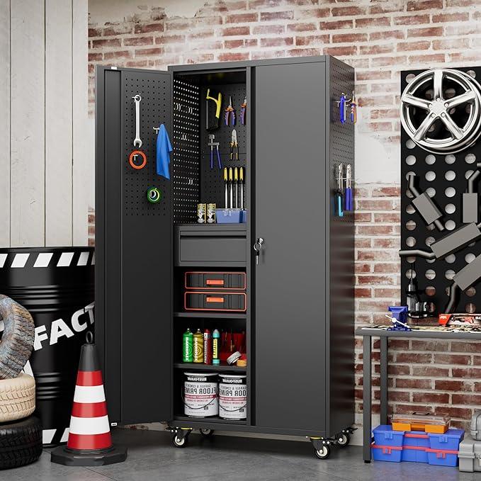 SUXXAN 71" Metal Garage Storage Cabinet with 16 Hooks and Pegboards,1 Drawer Inside Rolling Tool Storage Cabinet with Adjustable Shelves,3 Metal Hanging Rod for Garage,Warehouse - NeatNest