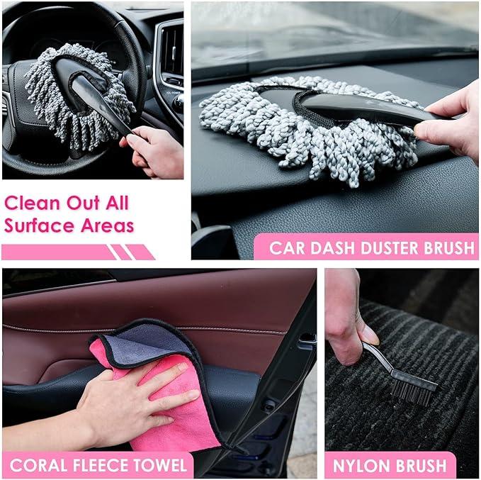 Viewsun Windshield Cleaner Tool, 17Pcs Pink Car Interior Cleaning Kit, Detailing Kit Cleaner, Detailing Brush, Cleaning Gel, Inside Cleaning Supplies Accessories for Women Girl Gift - NeatNest