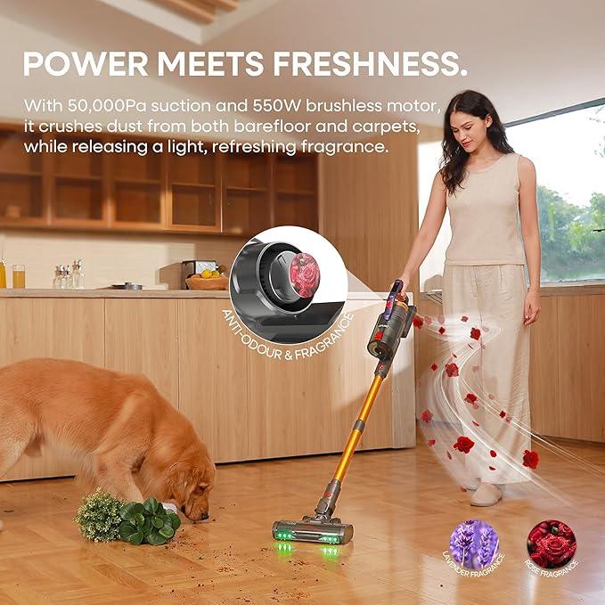 KIPMAX Cordless Vacuum Cleaner, 50KPa 550W Stick Vacuum for Home, 70Mins Anti-Tangled Vacuum Cleaner for Pet Hair/Carpet/Floor, Self-Standing Vacuum with Rechargeable Battery, LED Display&Aromatherapy - NeatNest