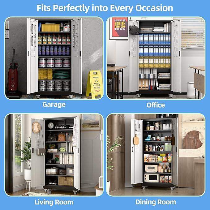 SUXXAN Garage Storage Cabinet with Pegboard and 5 Adjustable Shelves, 71'' x 34'' x 18''Metal Lockable Cabinet with Magnetic Doors,Tool Storage,Home Office Garage,Gym,School (Black-Silver) - NeatNest