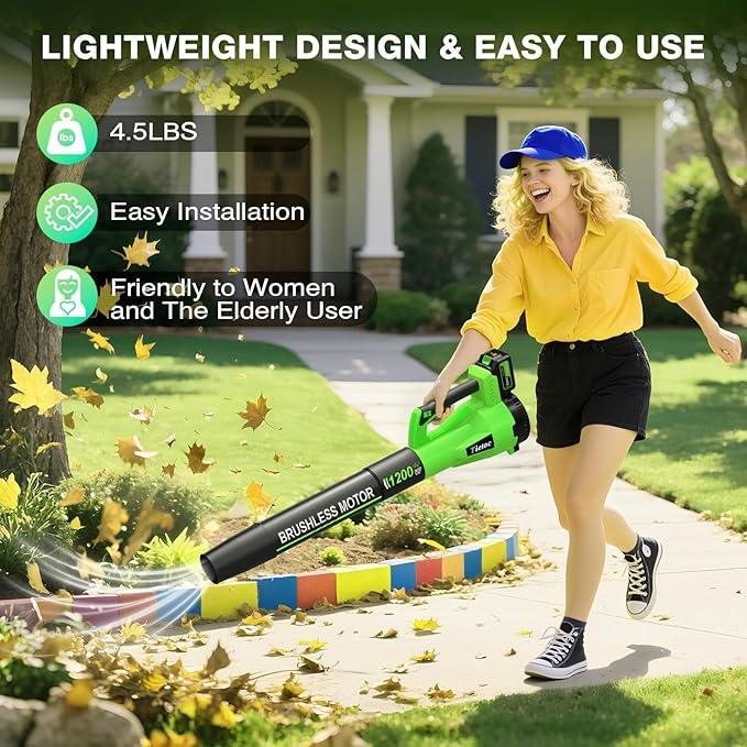 Tietoc Leaf Blower Cordless, 1200W Brushless Electric Leaf Blower with 2 X 5.0Ah Battery, 6 Speed Powerful Leaf Blowers for Garden, Lawn Care, Christmas Stocking Stuffers Gifts for Women Men(Green) - NeatNest