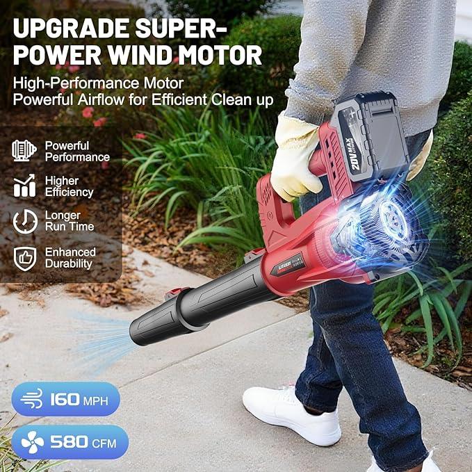 Leaf Blower Cordless with 2 x 4.0Ah Battery and Charger, 160MPH/580CFM High Power Lightweight Handheld Electric Snow Blower with 2 Extended Tubes for Lawn,Yard Garden, Leaves, Dust, Snow Care (Red) - NeatNest