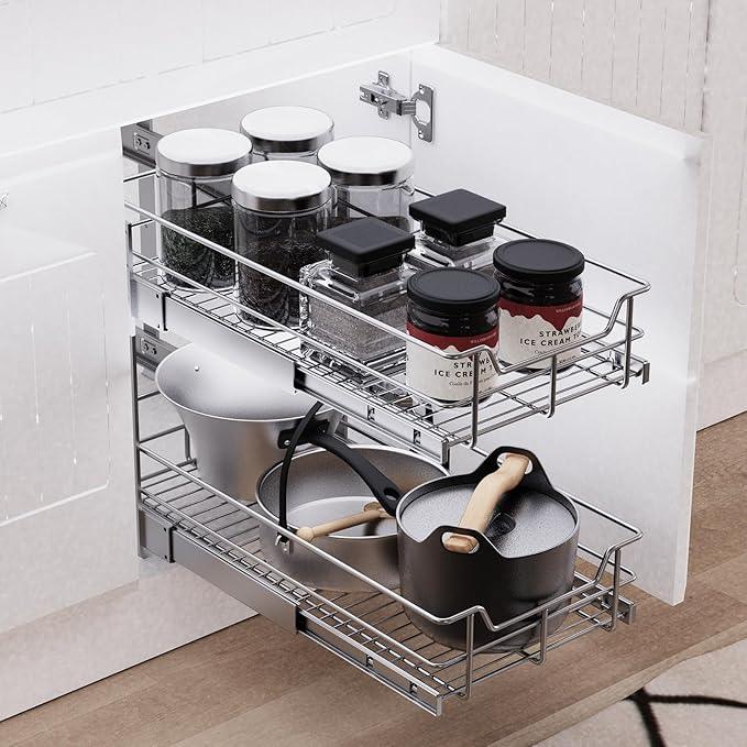 2 Tier Pull Out Cabinet Organizer 18" W X 22" D, Slide Out Drawers For Kitchen Cabinets, Pull Out Drawers For Cabinets Capacity Heavy Duty Caddy, Cabinet Pullout Shelves Chrome-Plated,Bathroom Pantry - NeatNest
